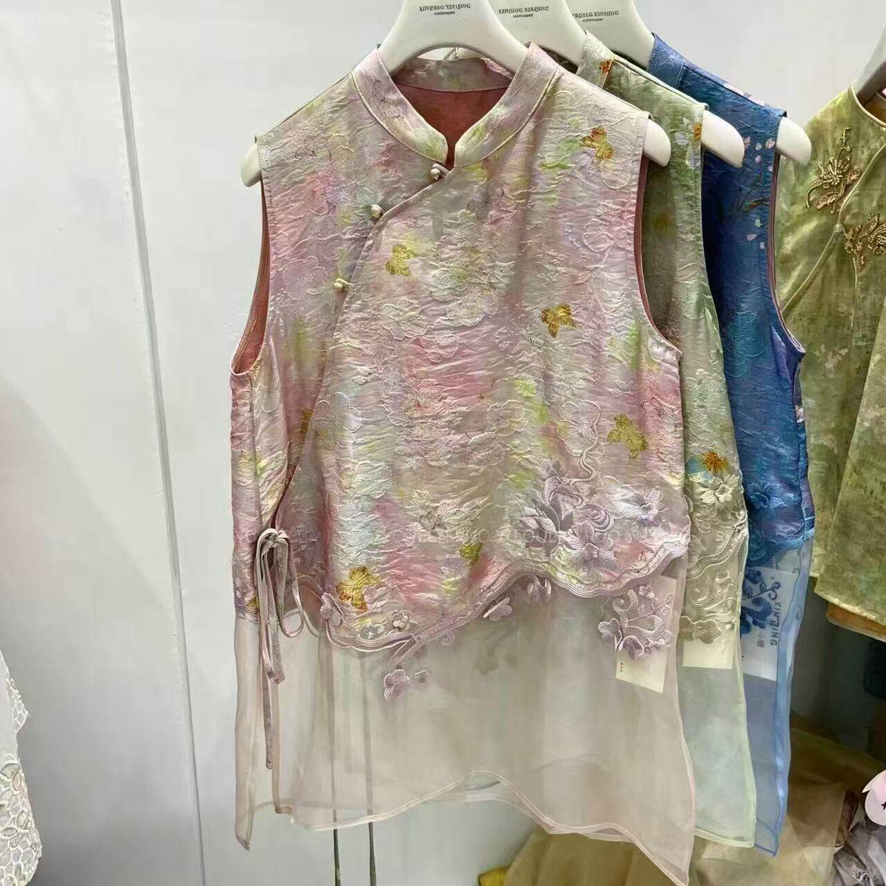 拼接纱坎肩新中式立领刺绣马甲女夏季植物花卉时尚洋派中长版上衣