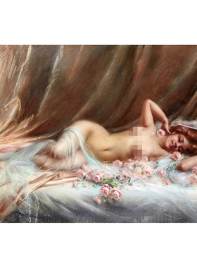德尔芬·安灼拉裸体与玫瑰人物复古油画学院派唯美艺术卧室装饰画