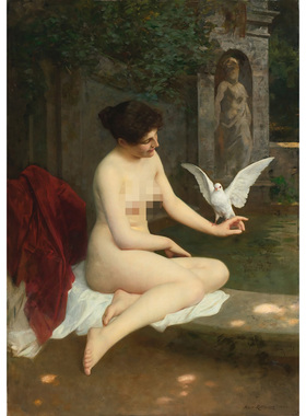 奥地利画家阿尔伯特·里兹伯格喷泉旁酒店宾馆玄关装饰画人物油画