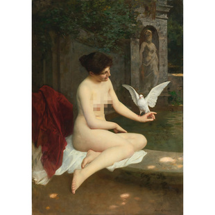 奥地利画家阿尔伯特·里兹伯格喷泉旁酒店宾馆玄关装饰画人物油画