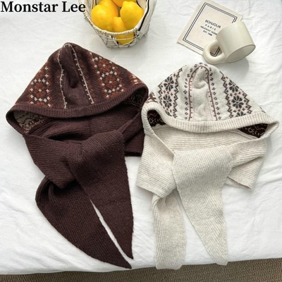 Monstar Lee韩版费尔岛女秋冬围巾一体保暖针织帽子包头护耳围脖