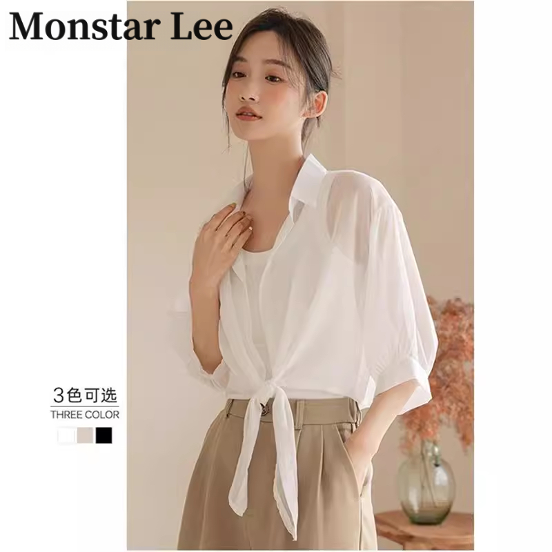 Monstar Lee雪纺防晒衣开衫女夏七分袖薄款披肩外搭衬衫上衣外套