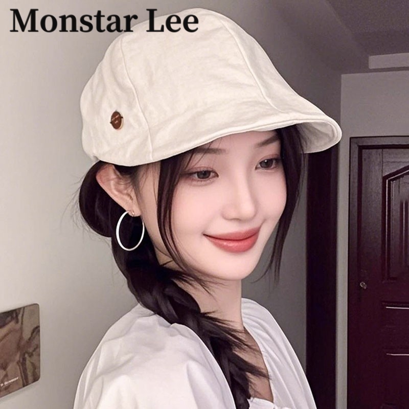 Monstar Lee日系文艺棉麻前进帽子女复古贝雷帽夏季薄款报童帽