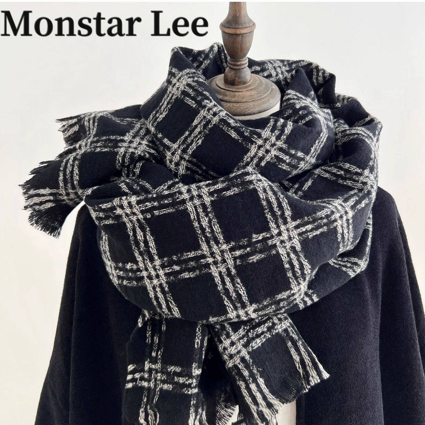 MonstarLee黑白格子围巾女冬季