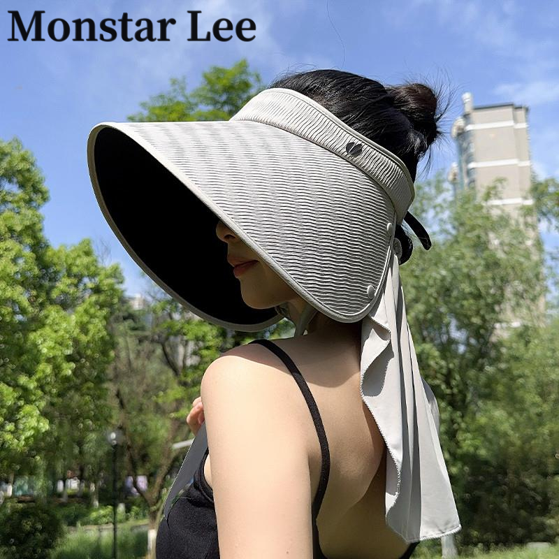 Monstar Lee遮阳帽防紫外线丝绒黑胶空顶帽大帽檐披肩一体太阳帽
