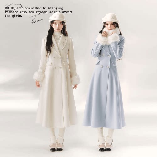 法式高级感白色毛领收腰大衣