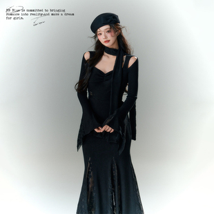 BB BLUE原创设计 新中式喇叭袖鱼尾内搭针织连衣裙秋冬季小众裙子