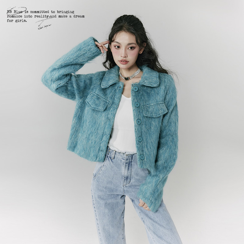 BB BLUE 原创设计 蓝色短款毛毛环保皮草外套女冬季2022新款小众