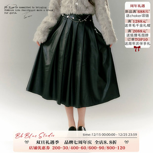 高腰校供百褶半身长裙秋冬季 原创设计 坠感小众pu皮裙子 BLUE