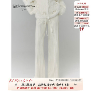 子女秋冬小众休闲裤 直筒垂感条纹针织运动长裤 原创设计 BLUE