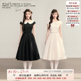 法式 温莎小姐 气质收腰娃娃领连衣裙赫本高级感公主长裙 BLUE