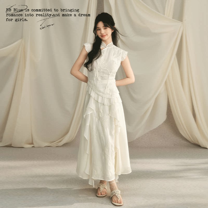 BB BLUE 原创设计 国风刺绣旗袍上衣荷叶边半身裙仙鹤新中式套装