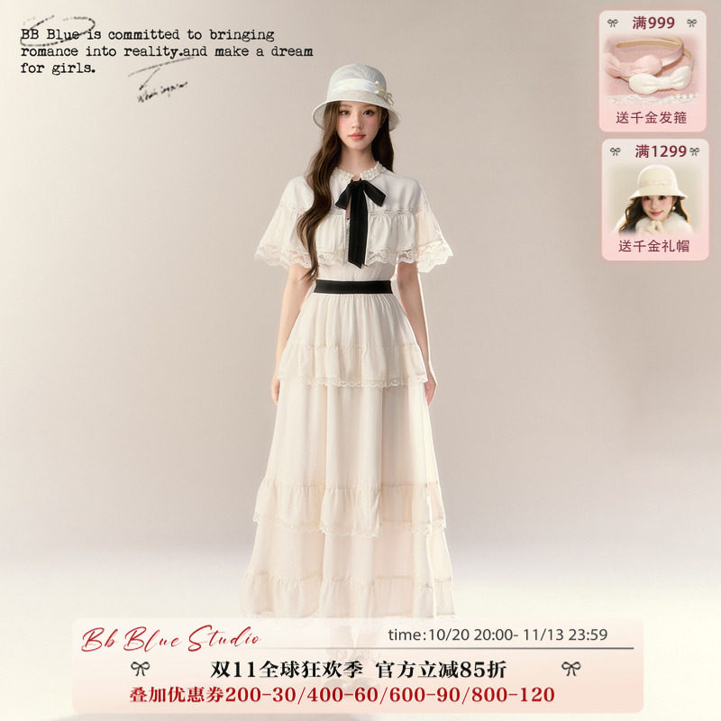 蝴蝶结露肩连衣裙女春季