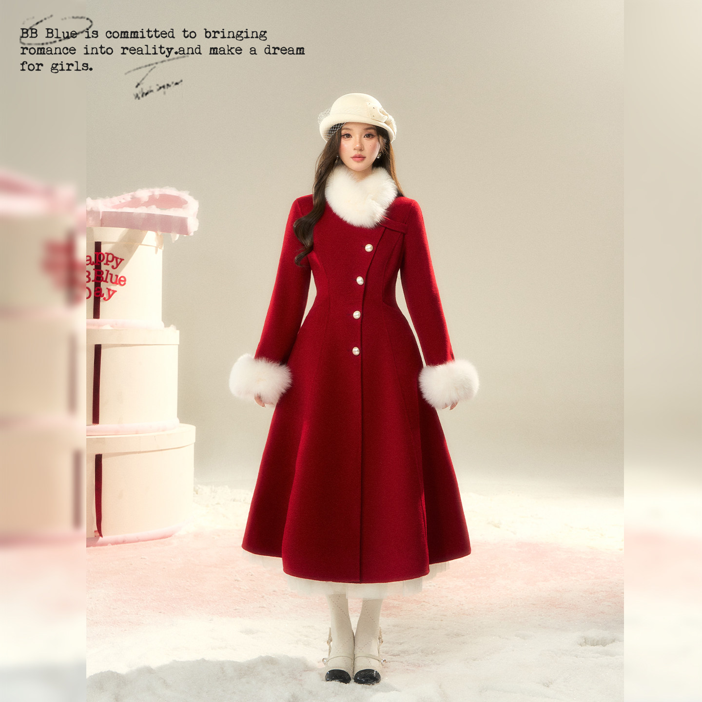 BBBLUE/绯雪之夜/法式赫本风收腰狐狸毛气质千金风长款红色呢大衣