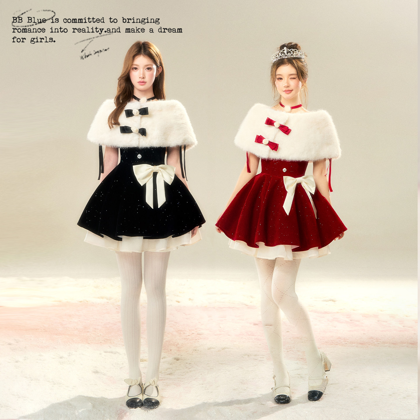 BBBLUE/圣诞晚宴/一字肩法式丝绒宴会精致小礼裙＋蝴蝶结披肩套装