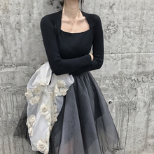 锁骨上衣女小心机方领法式慵懒风ins毛衣洋气修身打底针织衫内搭