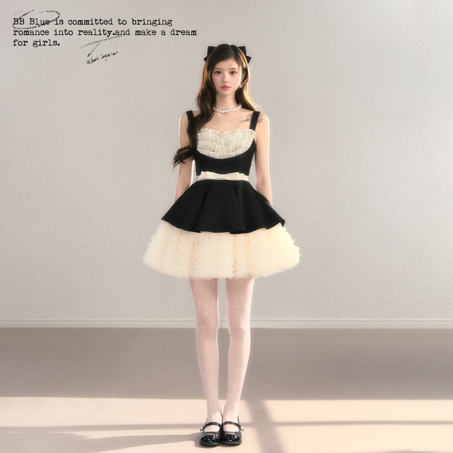 BBBLUE/纱幔舞会/吊带抹胸撞色千金风网纱拼接蓬蓬裙蕾丝边连衣裙