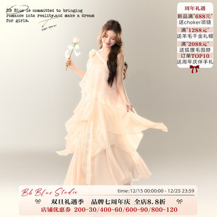 浅春系海边度假连衣裙重工多层不规则吊带长裙 洛神花裙 BLUE