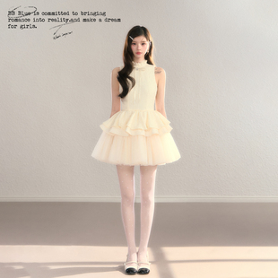 连衣裙 芭蕾风拼接网纱蓬蓬裙设计感收腰A字无袖 BBBLUE 小步舞曲