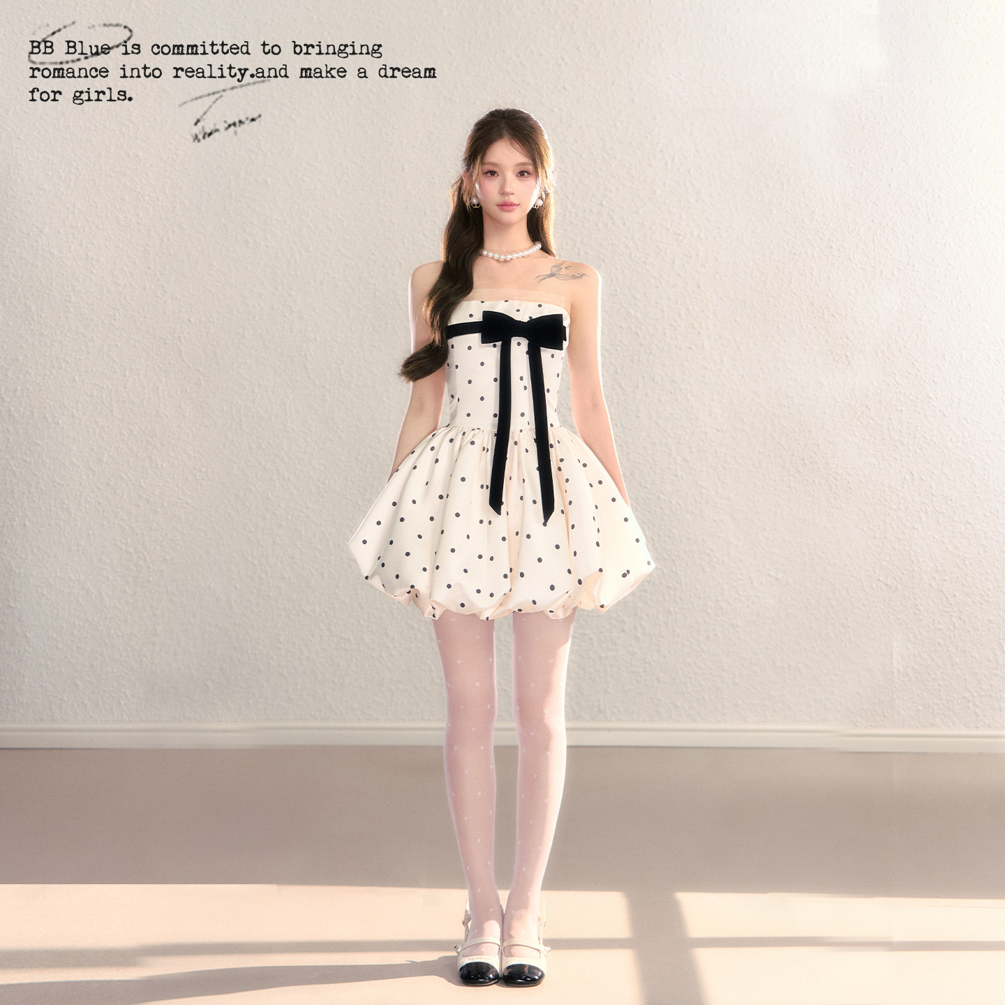 BBBLUE/波点泡芙/2026新款法式波点缎面公主抹胸蝴蝶结设计蓬蓬裙