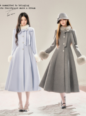 BB BLUE/冰岛情书/2025年高级感显瘦蝴蝶结收腰毛领呢长款大衣女