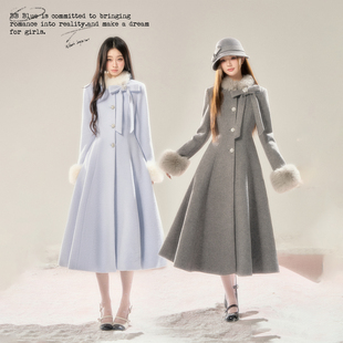 BB BLUE/冰岛情书/2025年高级感显瘦蝴蝶结收腰毛领呢长款大衣女