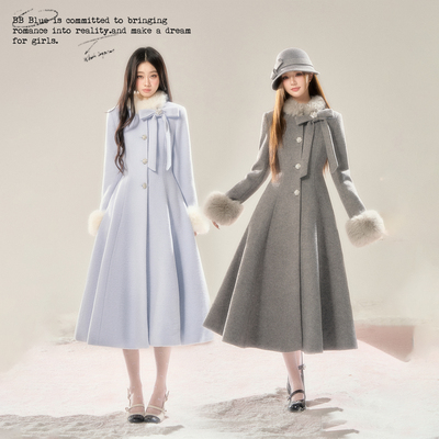 BB BLUE/冰岛情书/2025年高级感显瘦蝴蝶结收腰毛领呢长款大衣女