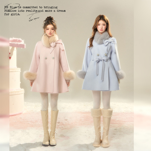 BB BLUE/纱绘子小姐/狐狸毛100羊毛双面呢含毛领毛袖系带新款外套