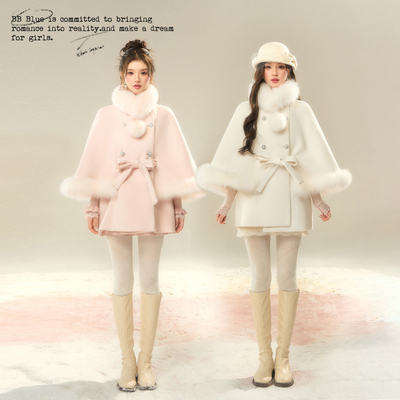 BB BLUE/暖冬柔心/甜美富家千金感大毛领巨好看斗篷款毛呢外套女