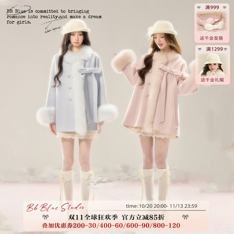 BB BLUE/雪国千金/25新定染色100%全羊毛真狐狸毛超好看毛呢外套