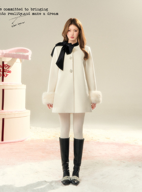 BB BLUE/白雪公主/25年新款大蝴蝶结撞色千金感羊毛单面呢大衣女
