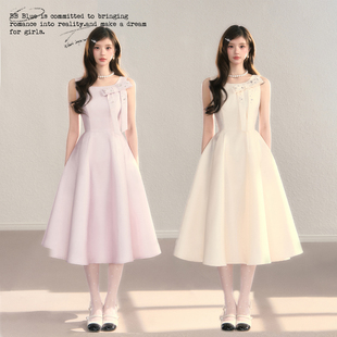 BBBLUE/赫本归来/法式圆领轻奢优雅生日千金风蝴蝶结缎面礼服裙女