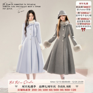 2025年高级感显瘦蝴蝶结收腰毛领呢长款 冰岛情书 大衣女 BLUE