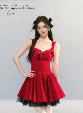 BB BLUE/爱乐之城/红色时尚显瘦气质公主裙精致高级感吊带连衣裙