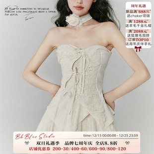 抹胸连衣裙套装 BLUE原创设计 女小众千金礼服裙子 综艺同款