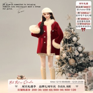 雪国千金真狐狸毛羊毛 原创设计 双面呢氛围感新年战袍 BLUE