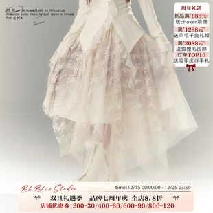 高腰a字碎花半身裙女秋冬小众不规则长纱裙子 原创设计 BLUE