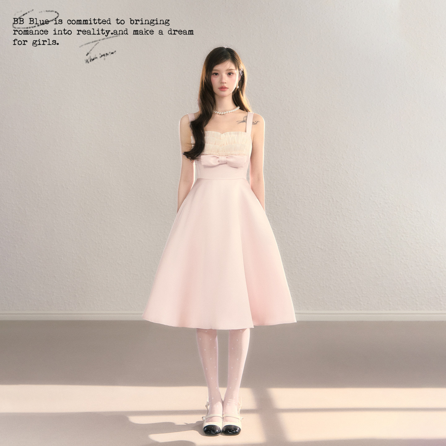 BBBLUE/粉色古堡/樱花粉公主方领花边气质收腰显瘦吊带连衣裙女