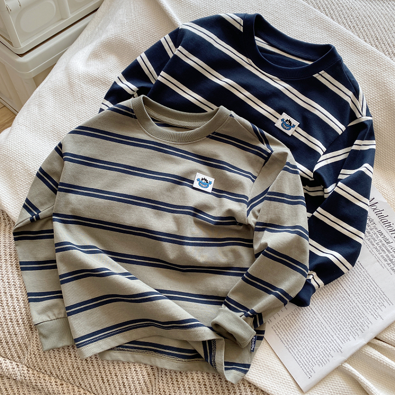 渺儿妈童品 男童春秋条纹长袖T恤儿童圆领洋气中大童休闲打底衫