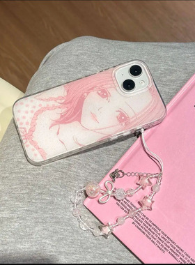 韩系ins少女心甜美温柔卡通动漫粉色小松奈奈17promax适用iphone16双层闪粉15pro手机壳13苹果14软壳防摔链条
