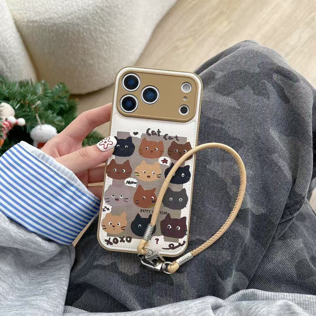 苹果全包皮革可爱猫咪挂绳壳新款