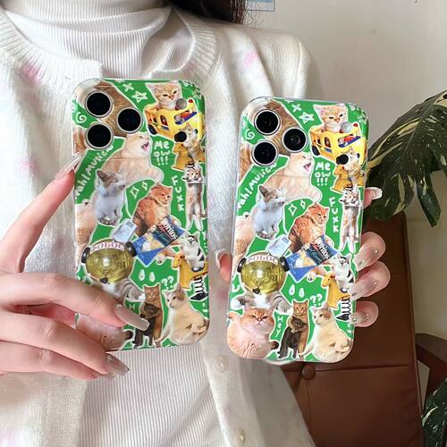 韩系绿底搞怪猫咪苹果全包防摔壳