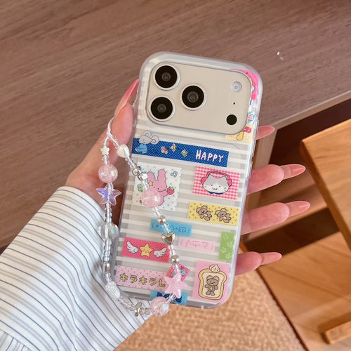 韩系条纹拼贴卡通全包防摔手机壳