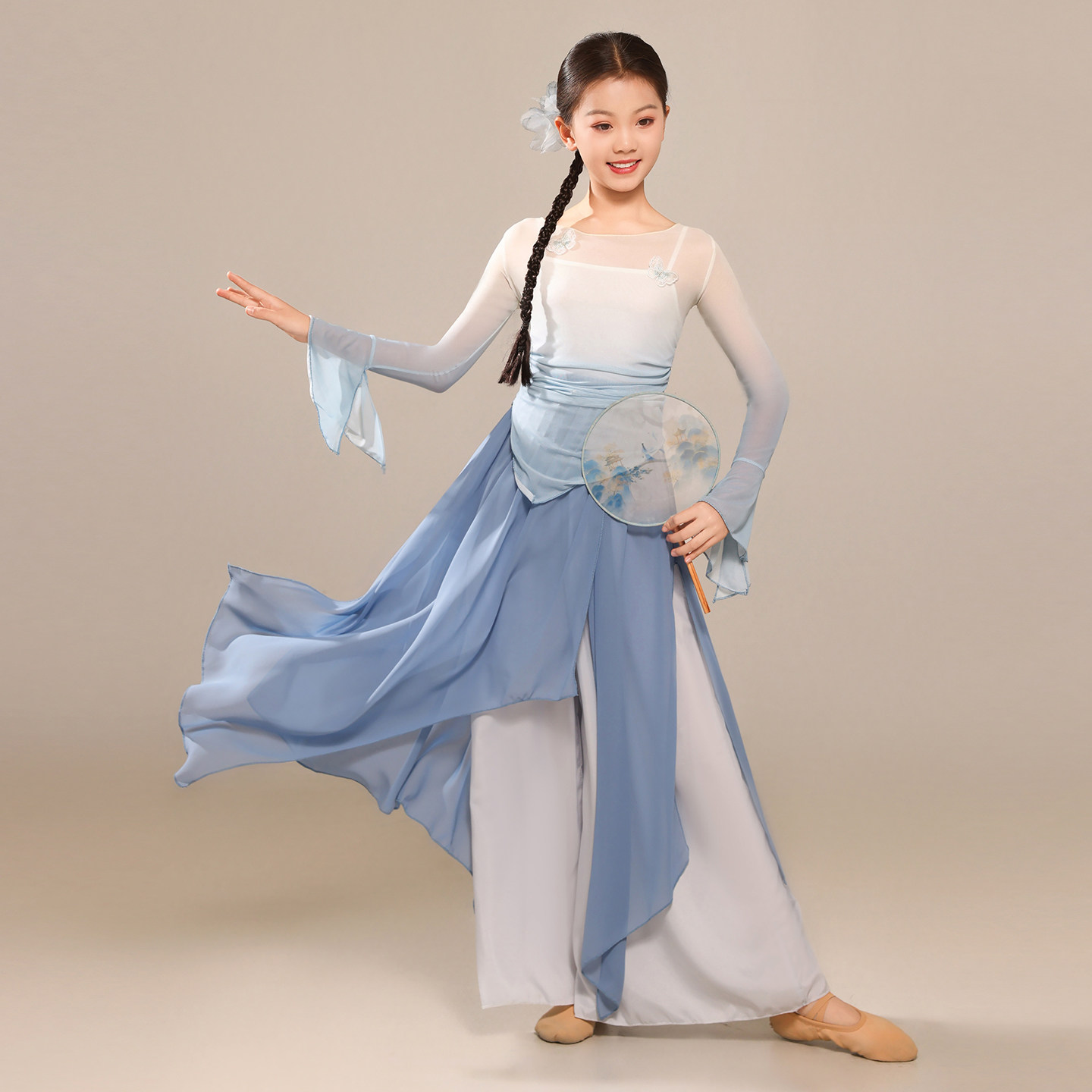 儿童古典舞蹈服中国舞身韵练功服纱衣女童渐变民族舞扇子舞演出服
