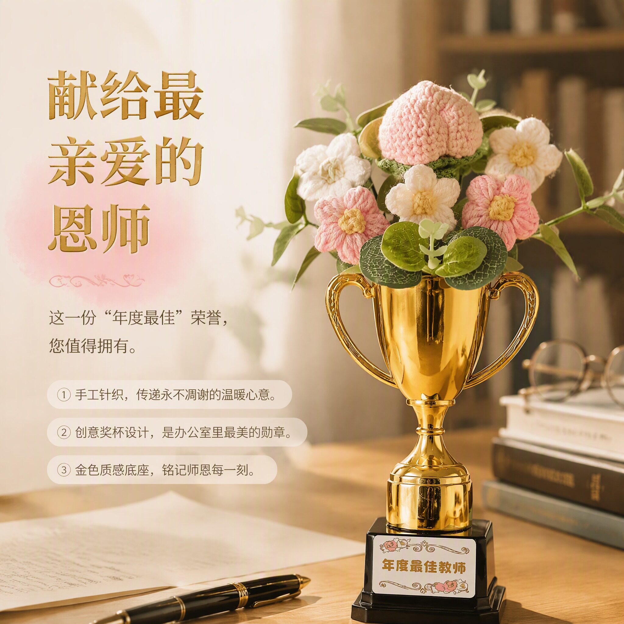 向日葵奖杯针织花束教师节礼物图片