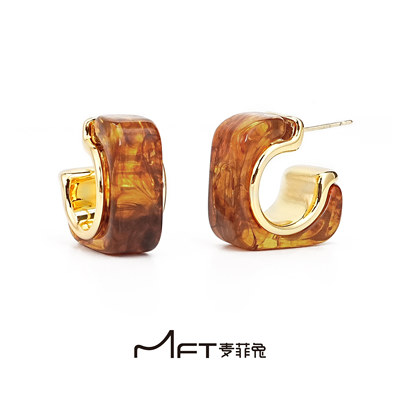 兰壹壹方形耳环复古气质秋冬美拉德莫瑞风焦糖色C形轻奢高级耳饰