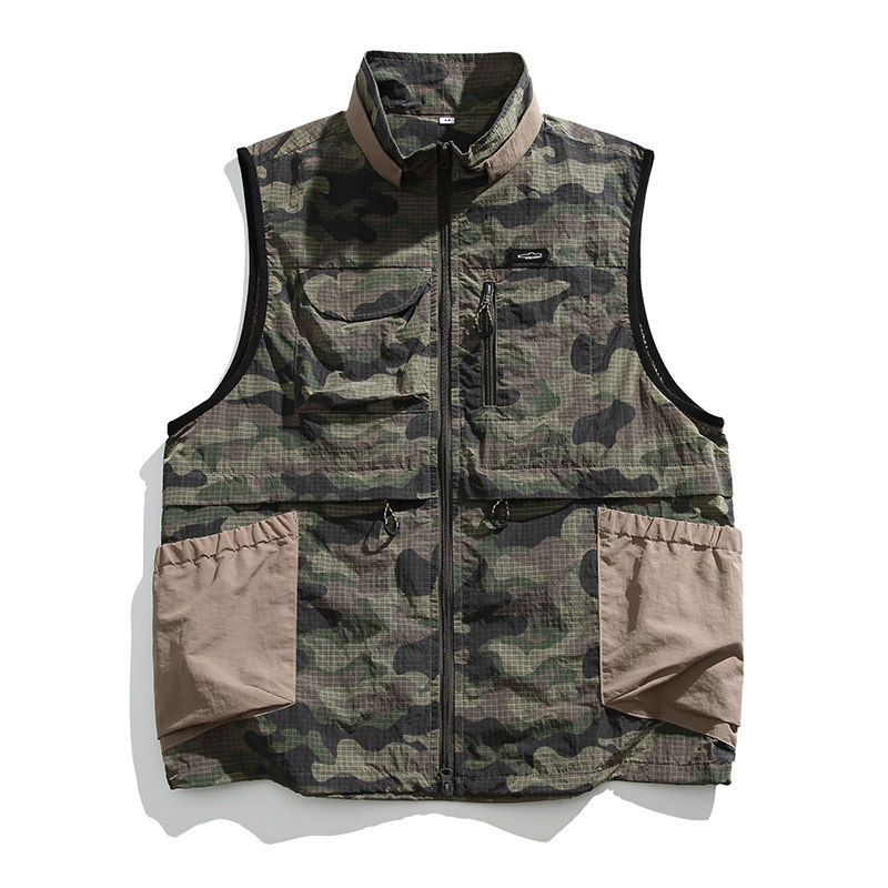 美式复古机能风多口袋迷彩立领马甲男户外防水钓鱼无袖坎肩外套