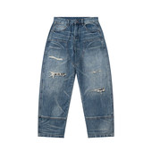 春季 男直筒宽松阔腿长裤 潮牌美式 休闲痞帅重磅复古破洞街头牛仔裤