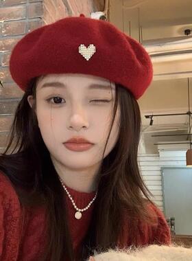 小香风复古爱心羊毛贝雷帽秋冬水钻贝雷帽时尚南瓜百搭冬季蓓蕾帽