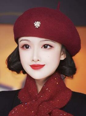 韩版羊毛贝雷帽女秋冬百搭气质金属装饰保暖画家帽